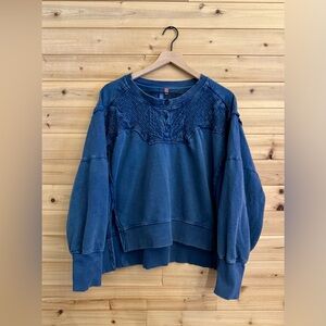 Pilcro Anthropologie Large Navy Pintuck Cropped Hi Low Drop Shoulder Sweatshirt